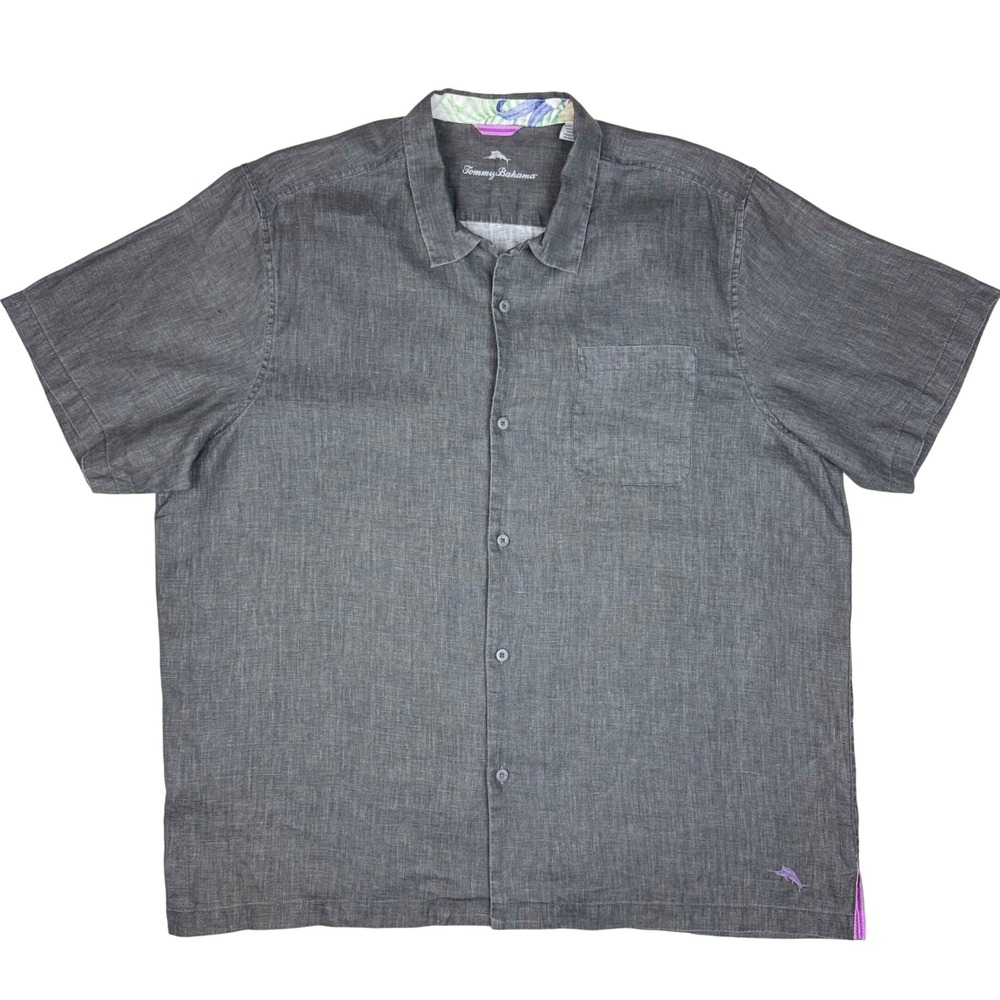 Tommy Bahama Linen Camp Shirt Short Sleeve Button Front Mens XXL Gray Coastal